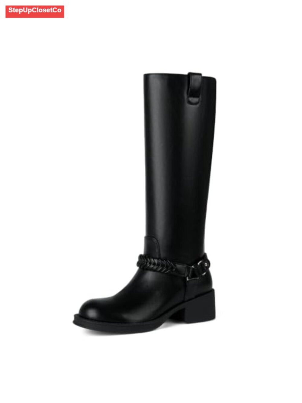 Knee High Boots Chunky Block Heel Braided Strap Woven
